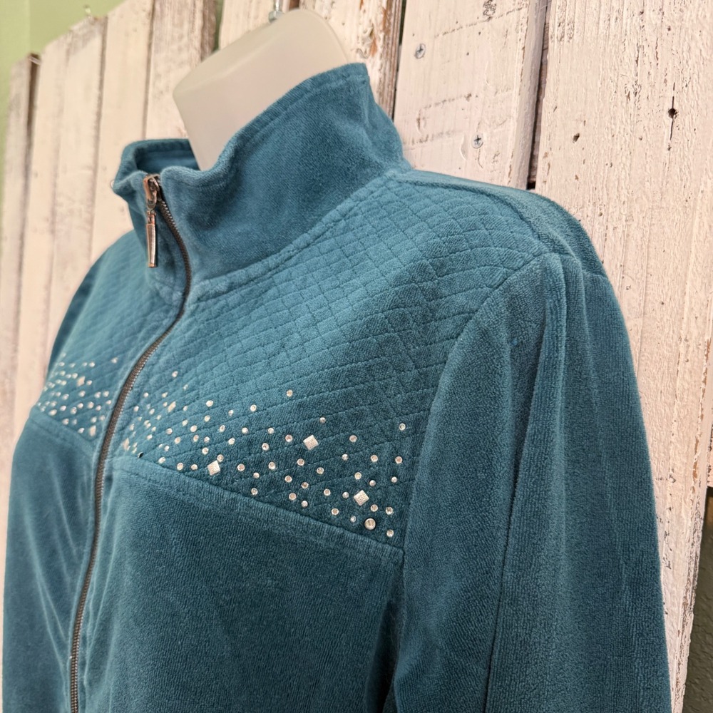 Vtg Onque Casual Teal Blue Velour Zip Up Jacket L Rhinestone Quilted 90s Y2K - Picture 7 of 10